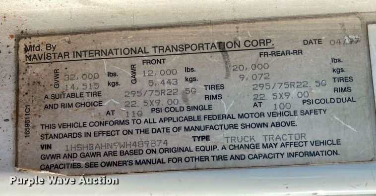 image for item DL7196 1998 International 8100  semi truck