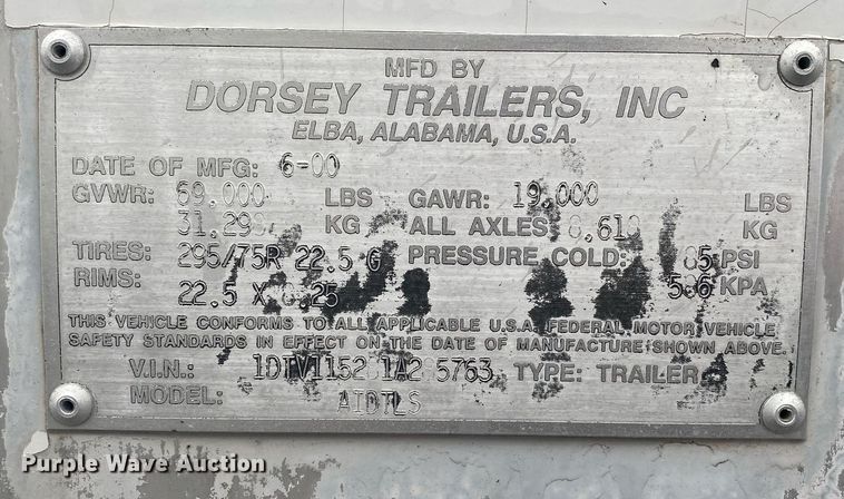 image for item KB9527 2000 Dorsey AIDTLS  dry van trailer