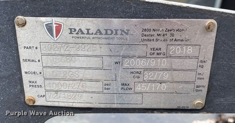 image for item DI7754 2018 Paladin B072GS  skid steer rotary mower