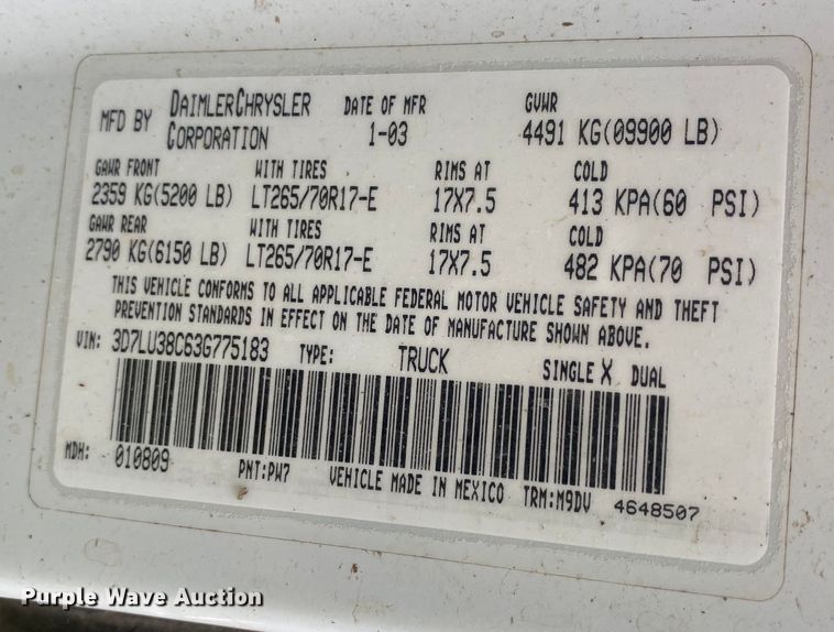 image for item DI7769 2003 Dodge Ram 3500  Quad Cab bale bed pickup truck