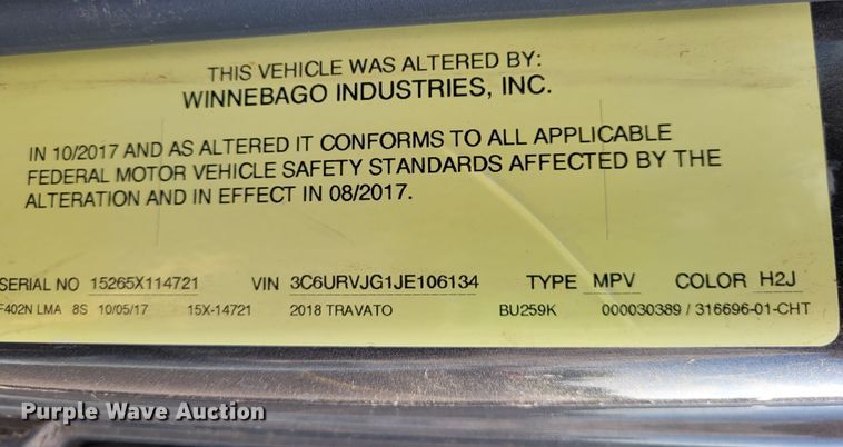 image for item DK1917 2018 Winnebago Travato  RV
