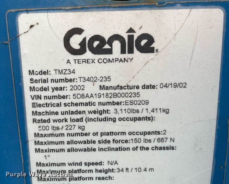 image for item DM0273 2002 Genie TMZ-34/19  boom lift