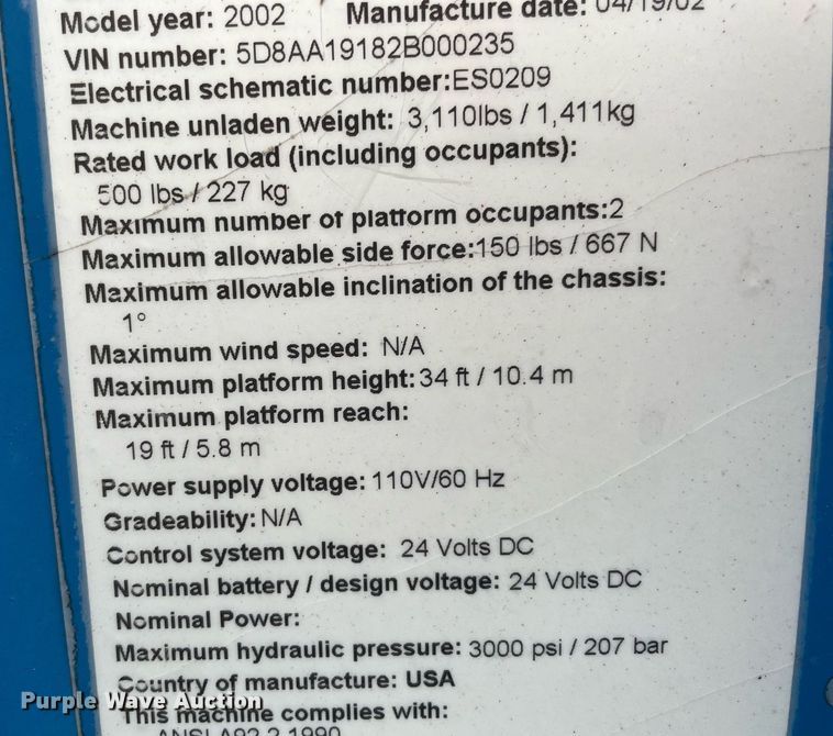 image for item DM0273 2002 Genie TMZ-34/19  boom lift