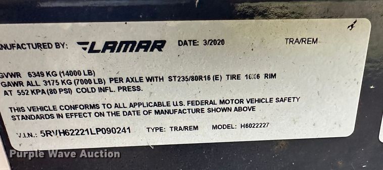 image for item DO5014 2020 Lamar  equipment trailer