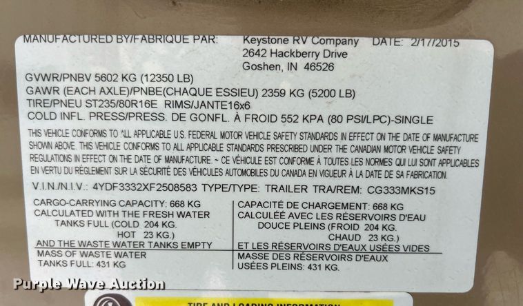 image for item DR4629 2015 Keystone Cougar  camper