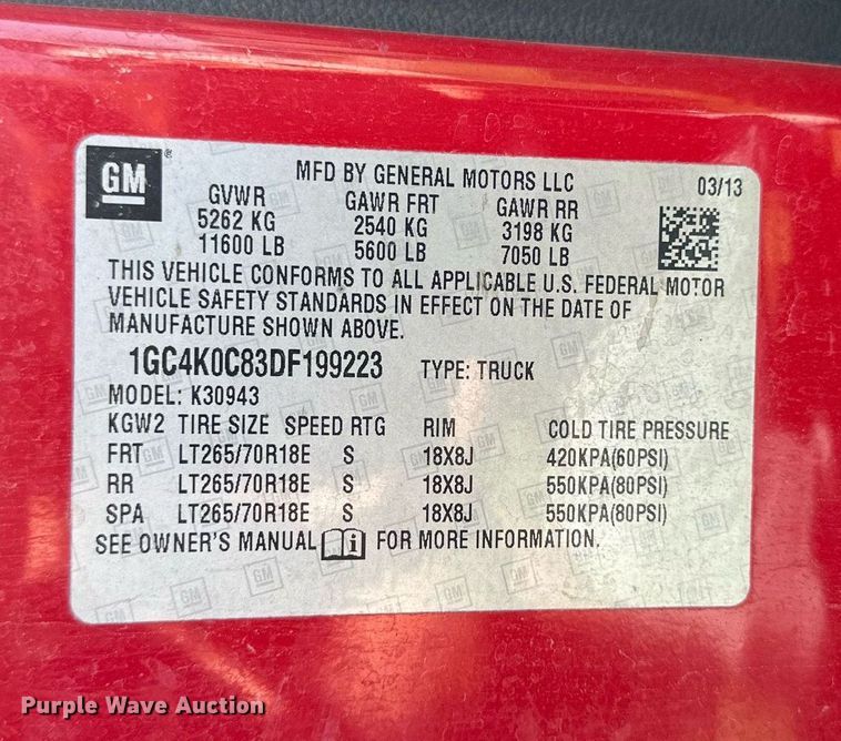 image for item KL9052 2013 Chevrolet Silverado 3500HD  Crew Cab flatbed pickup truck