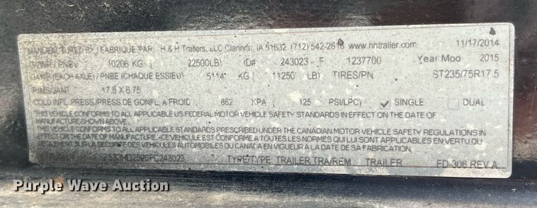 image for item LG9202 2015 H&H Trailers  equipment trailer