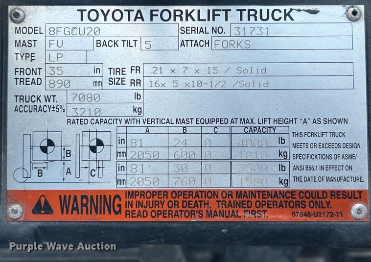 image for item LG9231 Toyota 8FGCU20  forklift