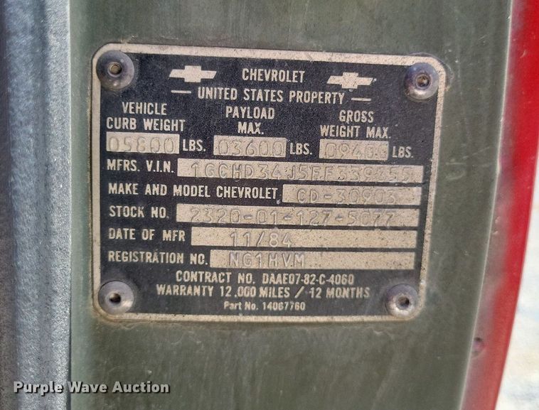 image for item LR9262 1985 Chevrolet D30 Military Postal Unit  pickup truck