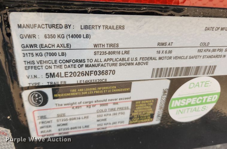 image for item LX9669 2022 Liberty LE14K83X20C8  equipment trailer