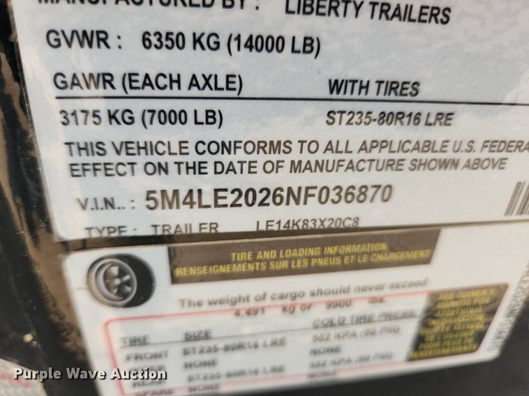 image for item LX9669 2022 Liberty LE14K83X20C8  equipment trailer