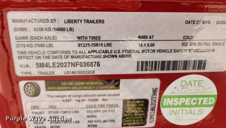 image for item LX9672 2022 Liberty LE14K102X22C8  equipment trailer
