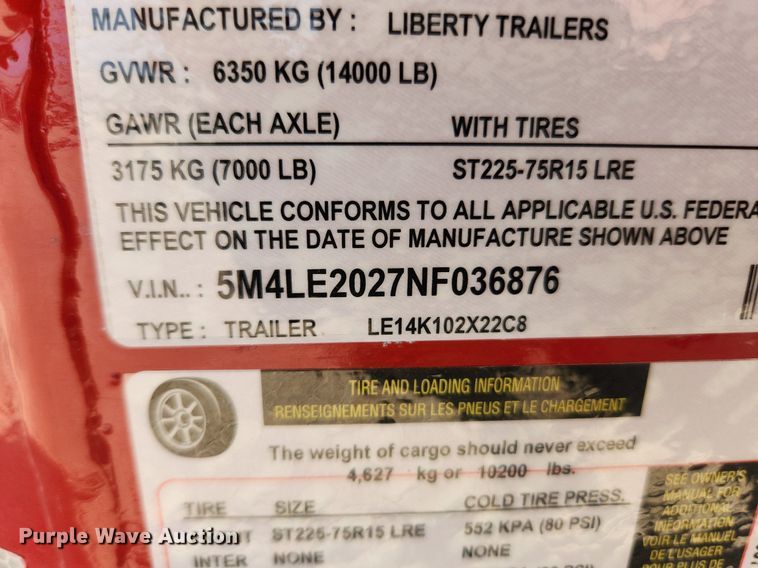 image for item LX9672 2022 Liberty LE14K102X22C8  equipment trailer