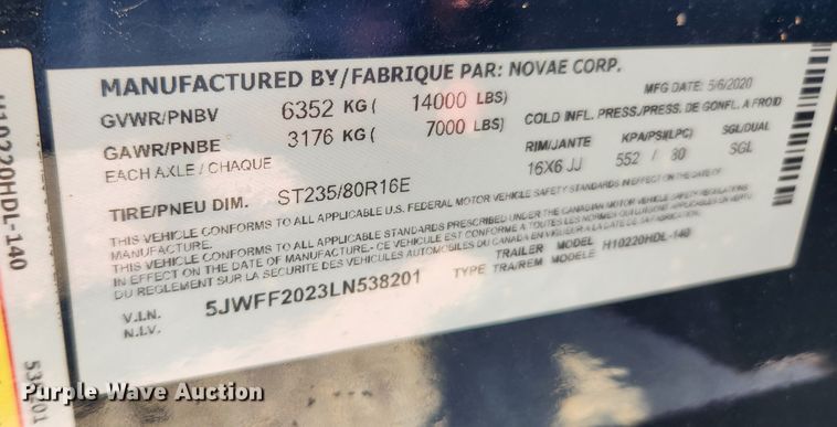 image for item LX9677 2020 H&H H10220HDL-140  equipment trailer