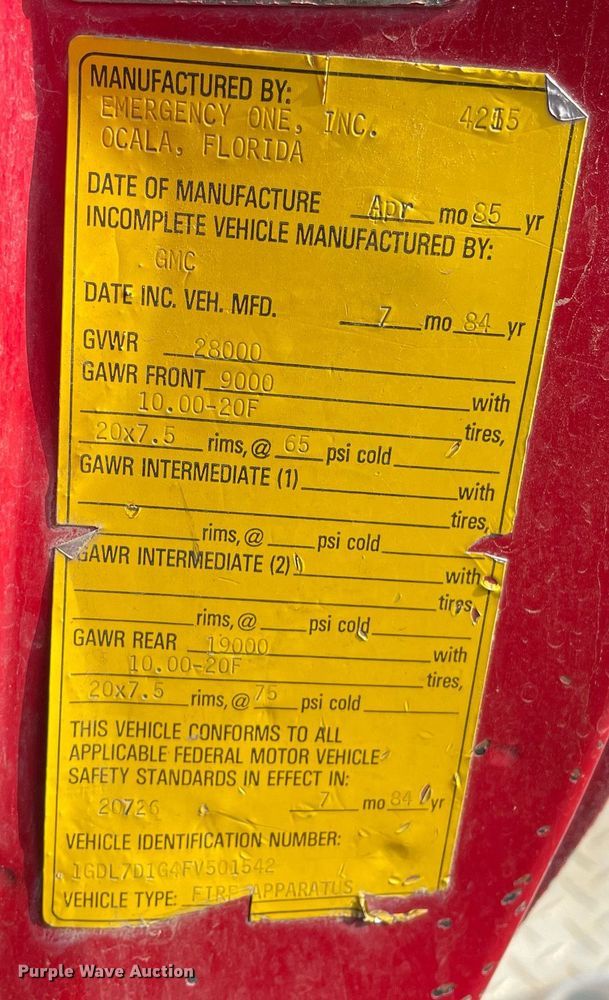 image for item LY9727 1985 GMC C7000  pumper fire truck