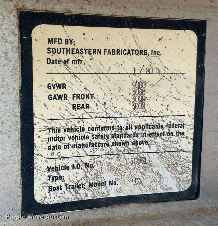 image for item MG9918 1980 Southeastern Fabricators Inc. Float- On  boat trailer