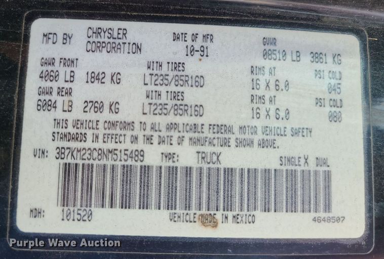 image for item MO9867 1992 Dodge Ram 250  Club Cab pickup truck