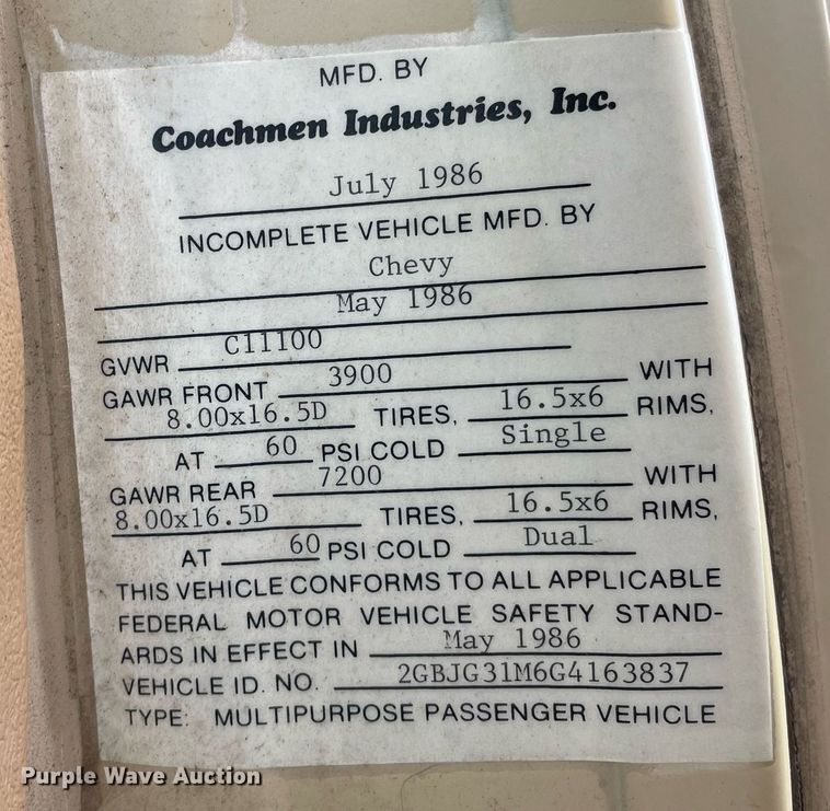 image for item MS9783 1987 Coachman  RV