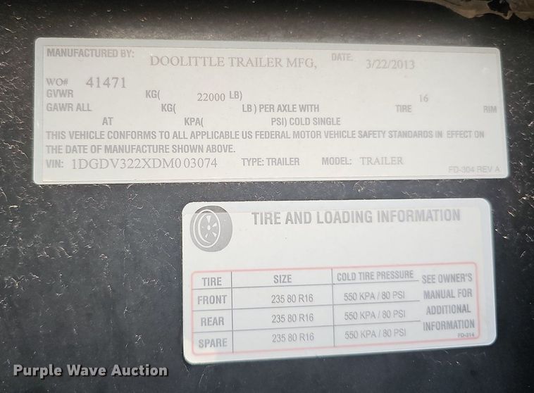 image for item DO2674 2013 Doolittle Trailer MFG Brute Force  equipment trailer