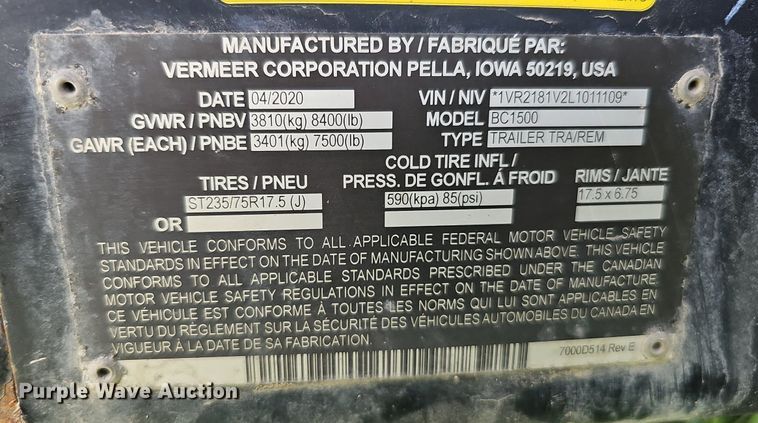 image for item DO2696 2020 Vermeer BC1500  wood chipper