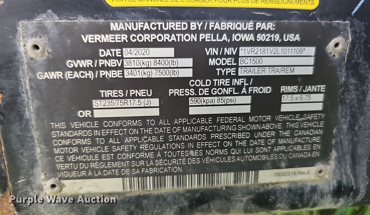 image for item DO2696 2020 Vermeer BC1500  wood chipper