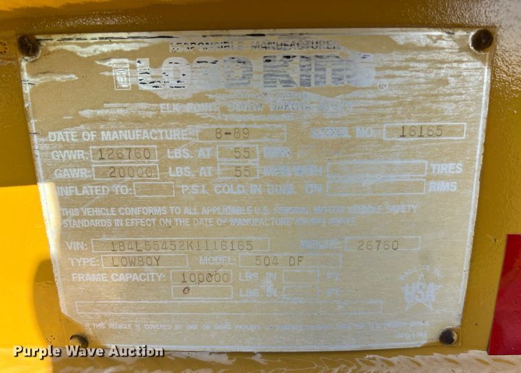 image for item DQ2047 1989 Load King 504 DF  lowboy equipment trailer