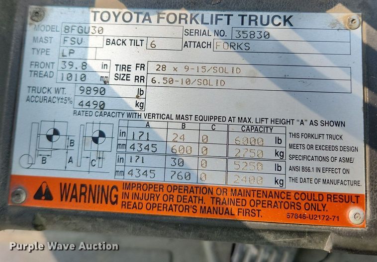 image for item DQ5398 Toyota 8FGU30  forklift