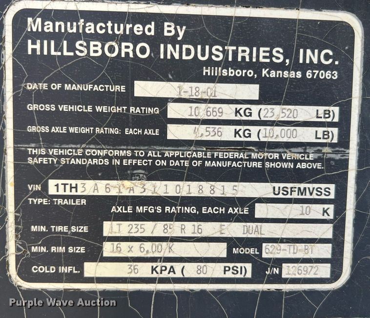 image for item II9064 2001 Hillsboro 629-TD-BT  equipment trailer
