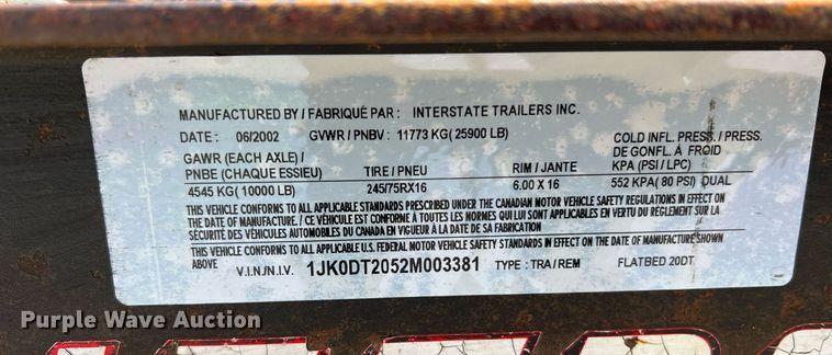 image for item II9115 2002 Interstate 20DT  equipment trailer