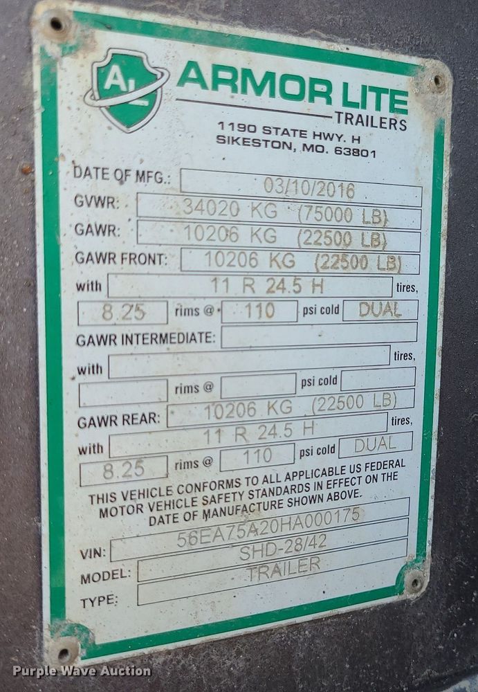 image for item LE9081 2017 Armor Lite SHD-28/42  dump trailer