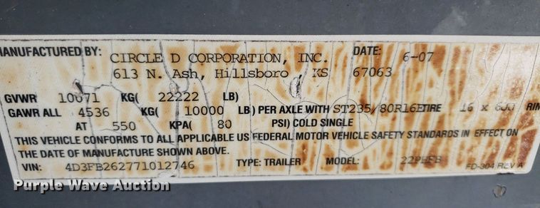 image for item LT9790 2007 Circle D  equipment trailer