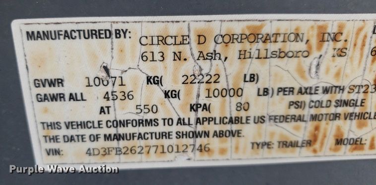 image for item LT9790 2007 Circle D  equipment trailer