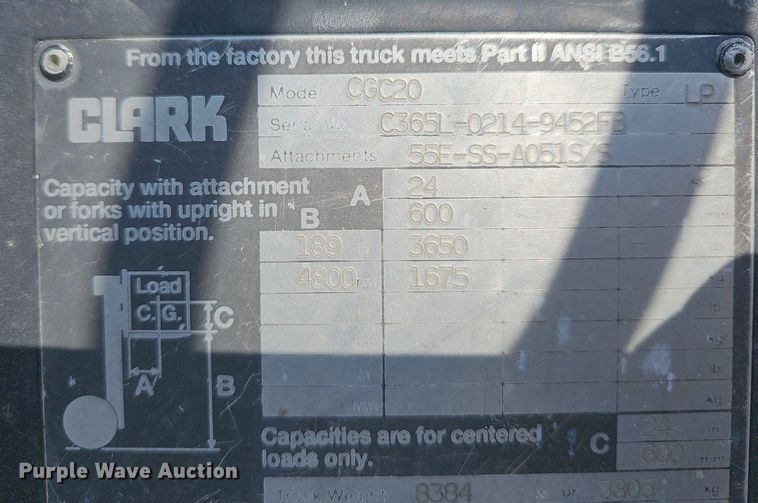 image for item LW9616 Clark CGC20  forklift