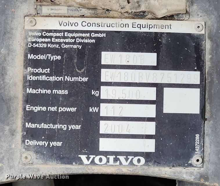 image for item LX9595 2004 Volvo EW180B  wheeled excavator