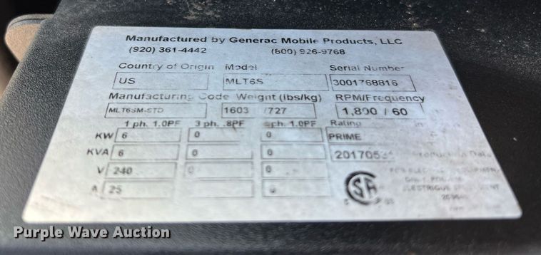 image for item MG9011 2017 Generac MLT6S  light plant