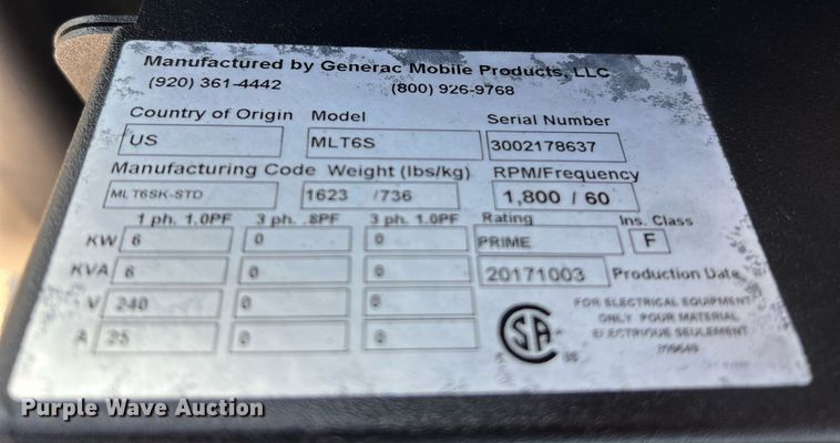 image for item MG9013 2017 Generac MLT6S  light plant