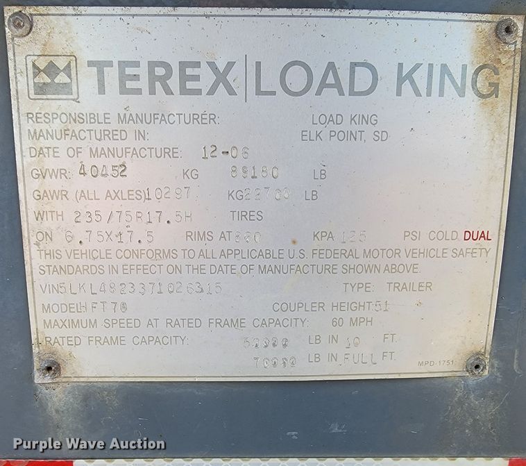 image for item ML9417 2007 Load King HFT70  drop deck equipment trailer