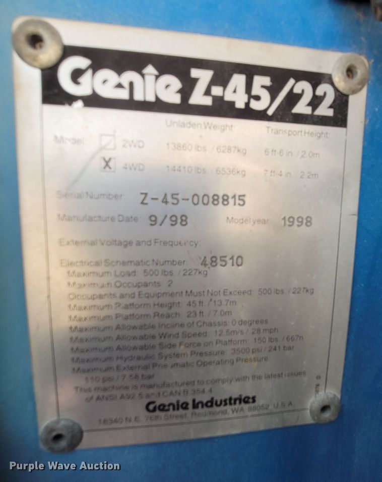 image for item NX9488 1998 Genie Z45/22  boom lift