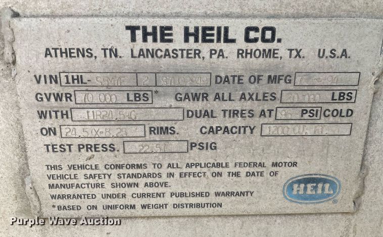 image for item DK4355 1994 Heil  pneumatic dry bulk trailer