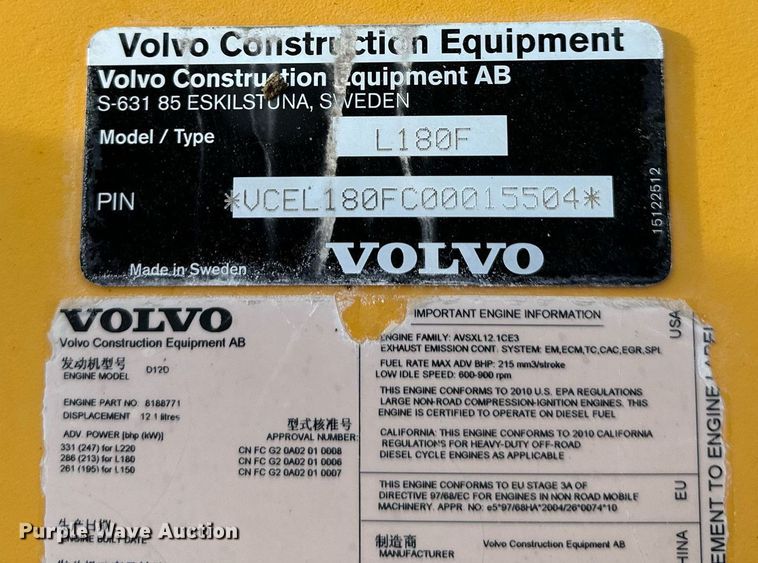 image for item DO4960 2010 Volvo L180F  wheel loader