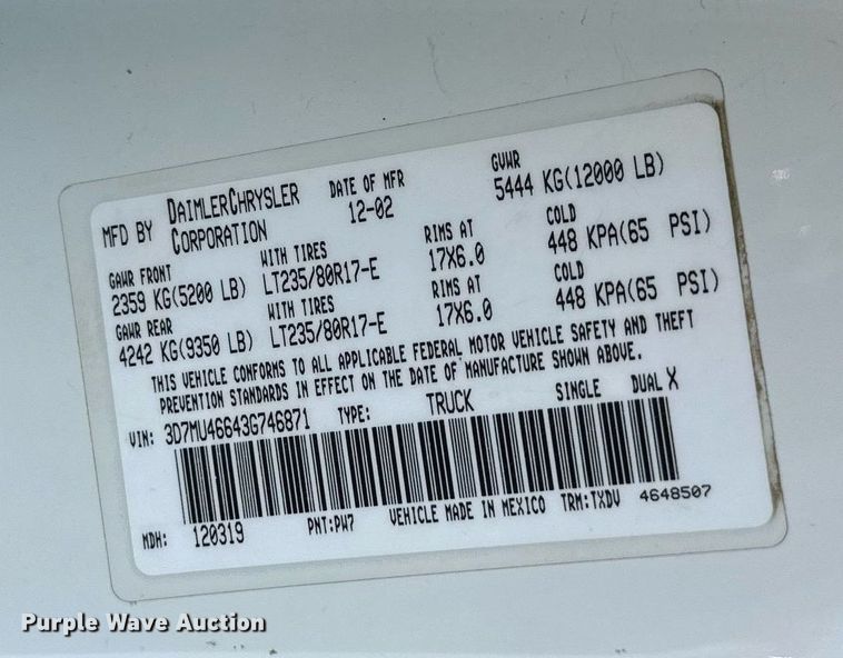 image for item DO4962 2003 Dodge Ram 3500  flatbed pickup truck