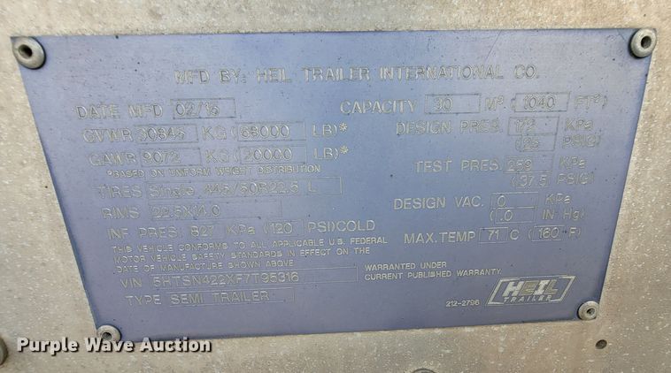 image for item HY9021 2015 Heil  pneumatic dry bulk trailer