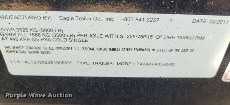 image for item DK1916 2011 Eagle 7X24BTA35  tilt deck equipment trailer
