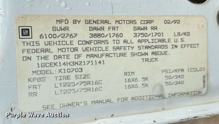 image for item DP3145 1992 Chevrolet K1500  pickup truck