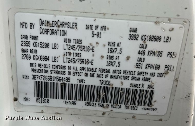 image for item II9025 2001 Dodge Ram 2500  pickup truck