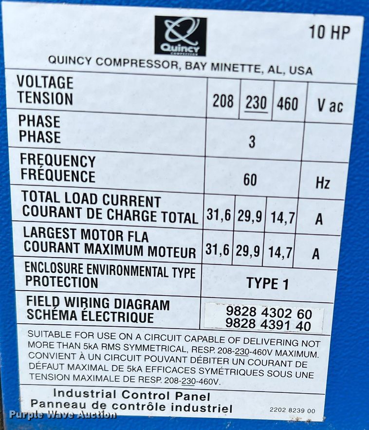 image for item LB9296 2012 Quincy  air compressor