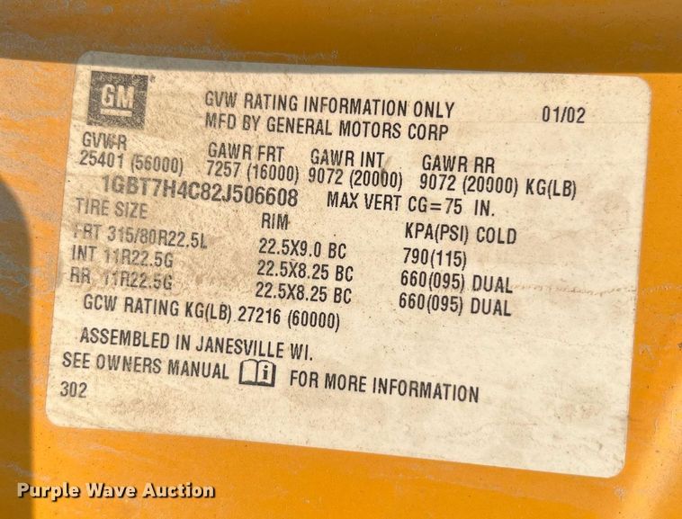 image for item LI9782 2002 Chevrolet C8500  dump truck