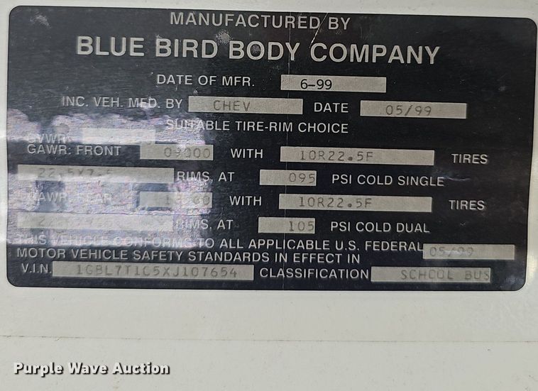 image for item LW9648 1999 Blue Bird  school bus