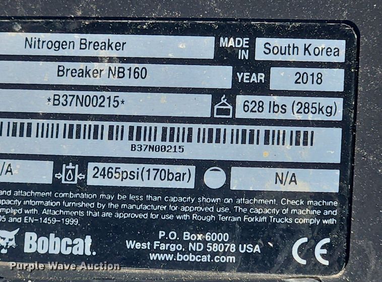 image for item LX9633 2018 Bobcat Breaker NB160  breaker