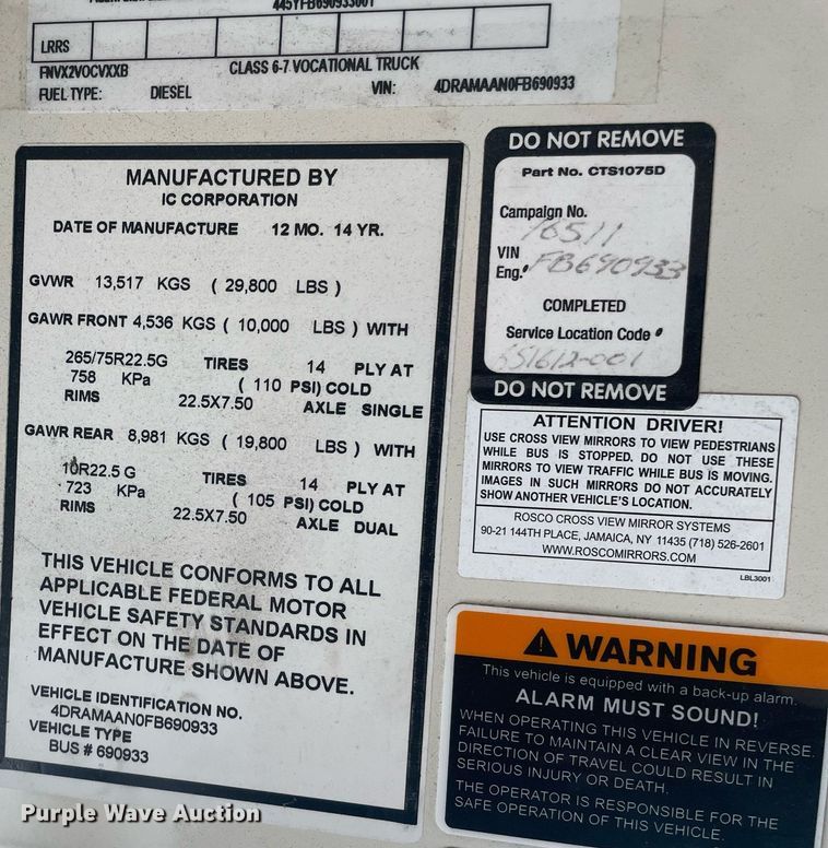 image for item ME9858 2015 IC Corporation PC105  school bus